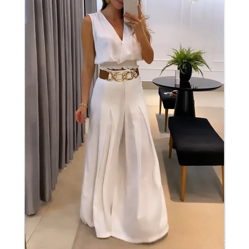 Autumn Women Fashion Solid Color Sexy Two Piece Suit Sets Sleeveless V-Neck Shirred Tank Top & Flared Pants Set Without Belt
Autumn Women Fashion Solid Color Sexy Two Piece Suit Sets Sleeveless V-Neck Shirred Tank Top & Flared Pants Set Without Belt