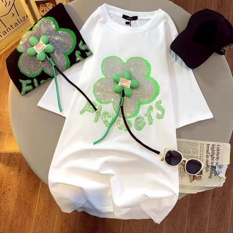 Large Size Women's Loose Clothing Summer Cotton Short-Sleeved T-Shirt Mid-Length Hot Drill Three-Dimensional Flower Tops Tees
Large Size Women's Loose Clothing Summer Cotton Short-Sleeved T-Shirt Mid-Length Hot Drill Three-Dimensional Flower Tops Tees