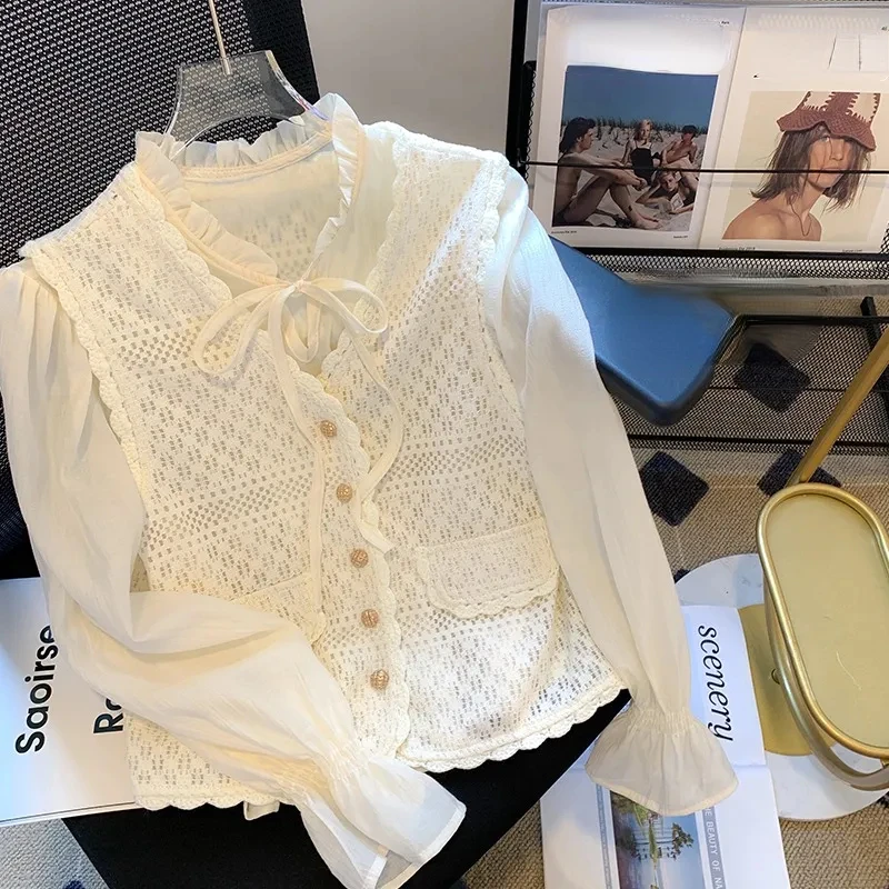 DUOFAN 2023 Autumn Fake Two Piece Blouses Sets Women Elegant Sweet O Neck Lace-up Causal Solid Shirt Lady Single Breasted Tops
DUOFAN 2023 Autumn Fake Two Piece Blouses Sets Women Elegant Sweet O Neck Lace-up Causal Solid Shirt Lady Single Breasted Tops