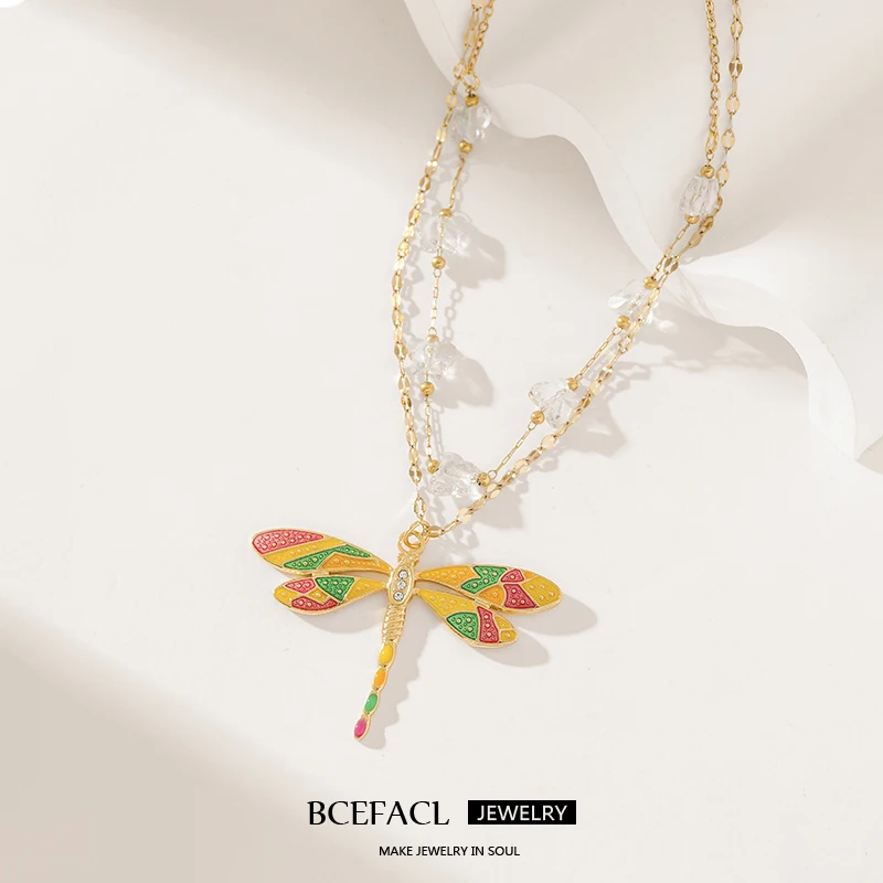 

BCEFACL 316L Stainless Steel Colorful Dragonfly Pendant Necklace For Women Girl Fashion Neck Chain Jewelry Creative Gift Colar