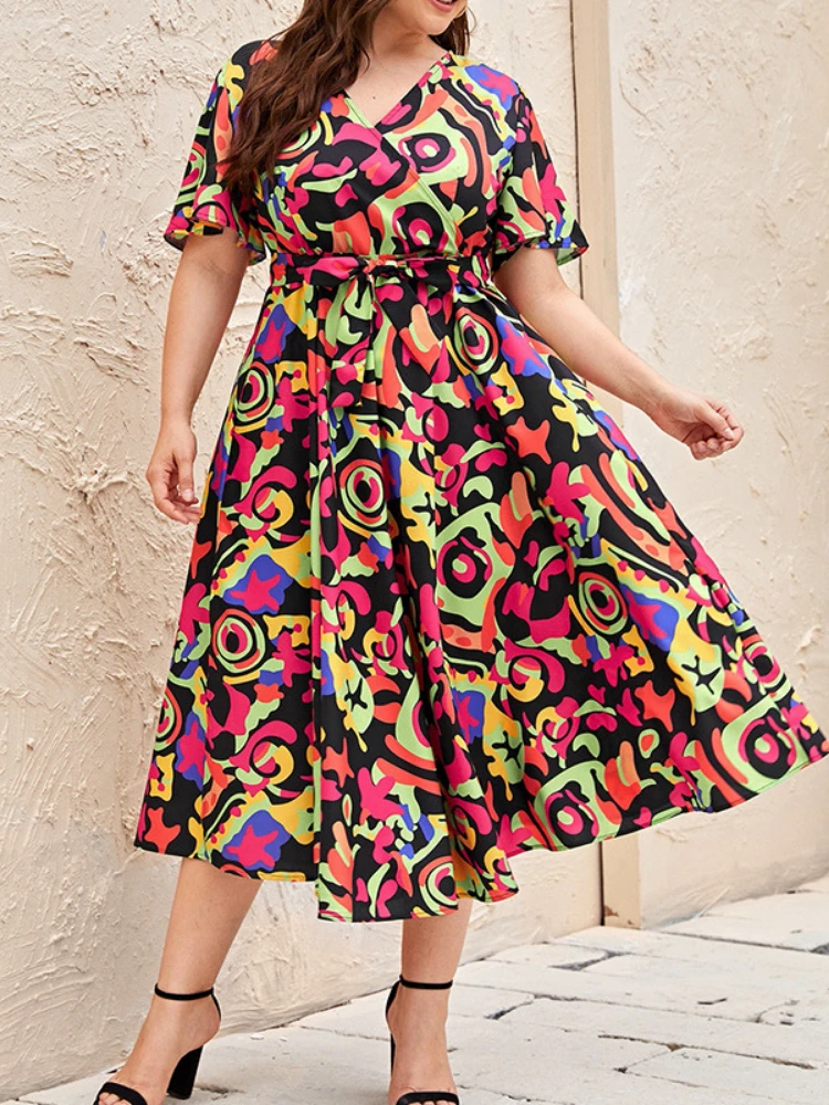 Women 4XL Plus Size Short Sleeve Belt Dress Summer Fashion Sexy V-Neck Casual Bandage Pleated Multicolor Harajuku Midi Dress
Women 4XL Plus Size Short Sleeve Belt Dress Summer Fashion Sexy V-Neck Casual Bandage Pleated Multicolor Harajuku Midi Dress