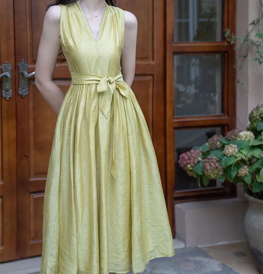 Elegant Summer Yellow Holiday Dress French Vintage Women Sleeveless Beaded V Neck Lace Up Belt Female Long Ball Gown Vestidos
Elegant Summer Yellow Holiday Dress French Vintage Women Sleeveless Beaded V Neck Lace Up Belt Female Long Ball Gown Vestidos