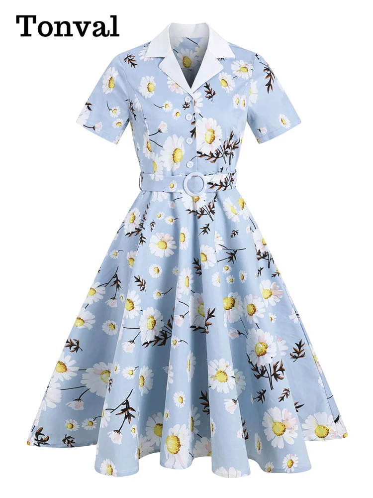 

Tonval Notched Collar Daisy Elegant Women 1950s Vintage Belted Midi Dress Short Sleeve Button Front Ladies Floral Swing Dresses
