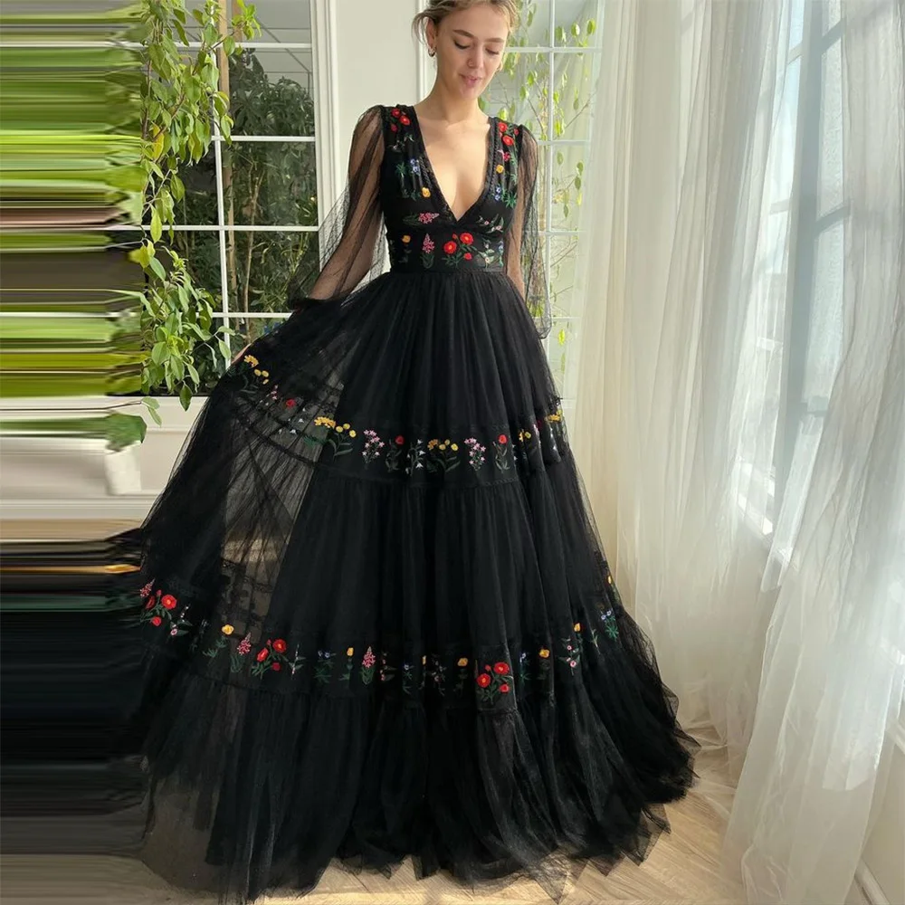 Черное Кружевное Тюлевое платье Sevintage с вышивкой, платье для выпускного вечера с V-образным вырезом и длинными рукавами, а-силуэт, вечернее платье для свадебной вечеринки, 2023
Черное Кружевное Тюлевое платье Sevintage с вышивкой, платье для выпускного вечера с V-образным вырезом и длинными рукавами, а-силуэт, вечернее платье для свадебной вечеринки, 2023