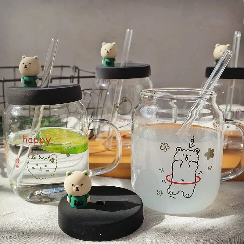 

Cute Animal Bear Glass Leakproof Juice Milk Tumbler Cup Glassware for Drinking Lovely Straw Cup with Cover Water Bottle