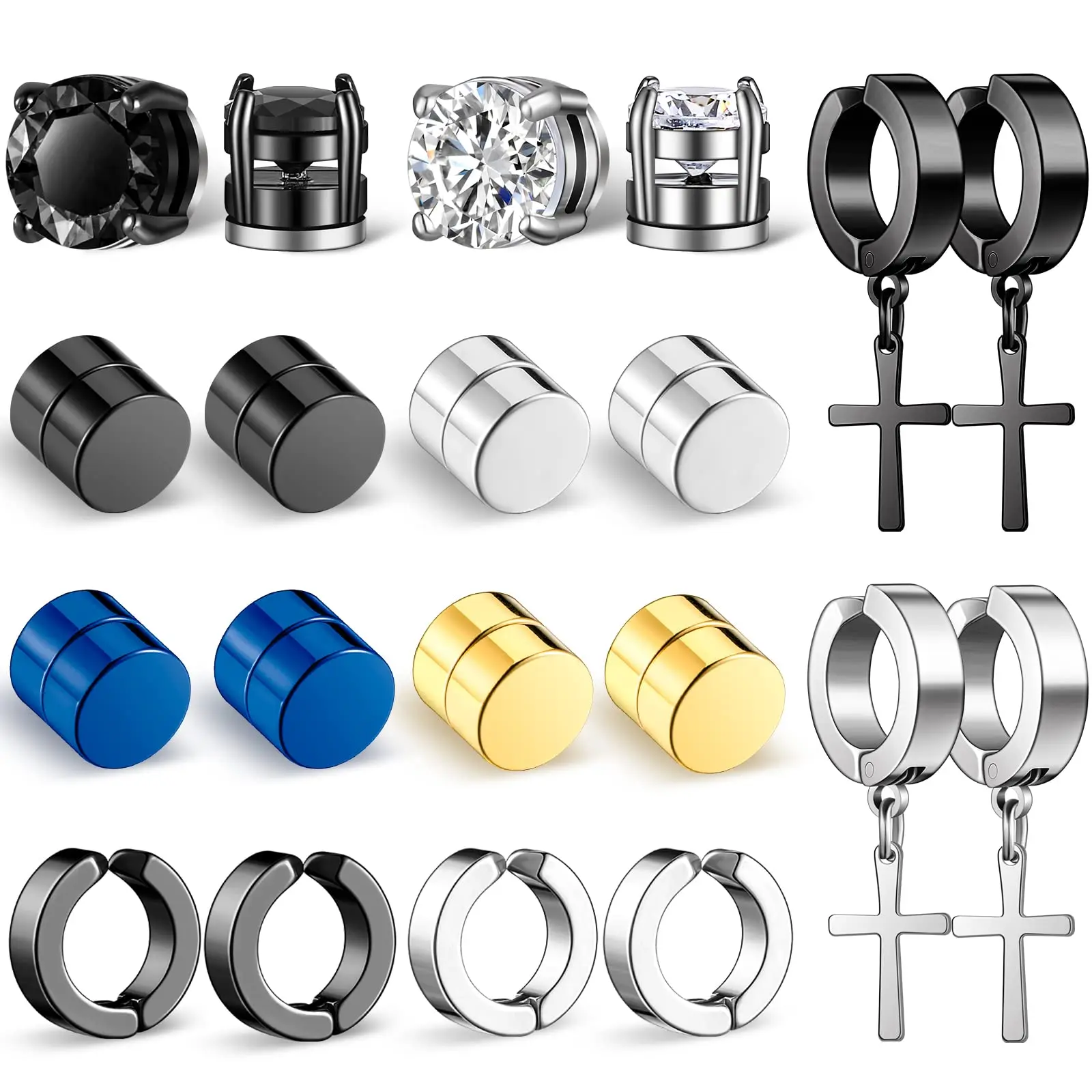 10 Pairs Magnetic Stud Earrings Stainless Steel Non Piercing Cross Dangle Hoop Earrings Unisex Clip on CZ Magnet Earring Set 
10 Pairs Magnetic Stud Earrings Stainless Steel Non Piercing Cross Dangle Hoop Earrings Unisex Clip on CZ Magnet Earring Set