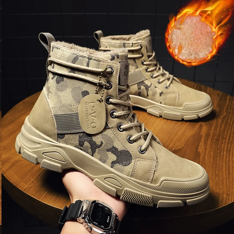 

Outdoot Booties Men Desert Military Boots with Fur Autumn Winter New Camouflage Fashion Casual Martin Boots Male Platform Shoes