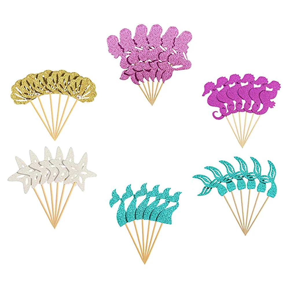 

36pcs Mermaid Glitter Cupcake Toppers Paper Birthday Cake Insert Bow Decorated Marine Life Cake Pick Cake Decor Party Favors (6