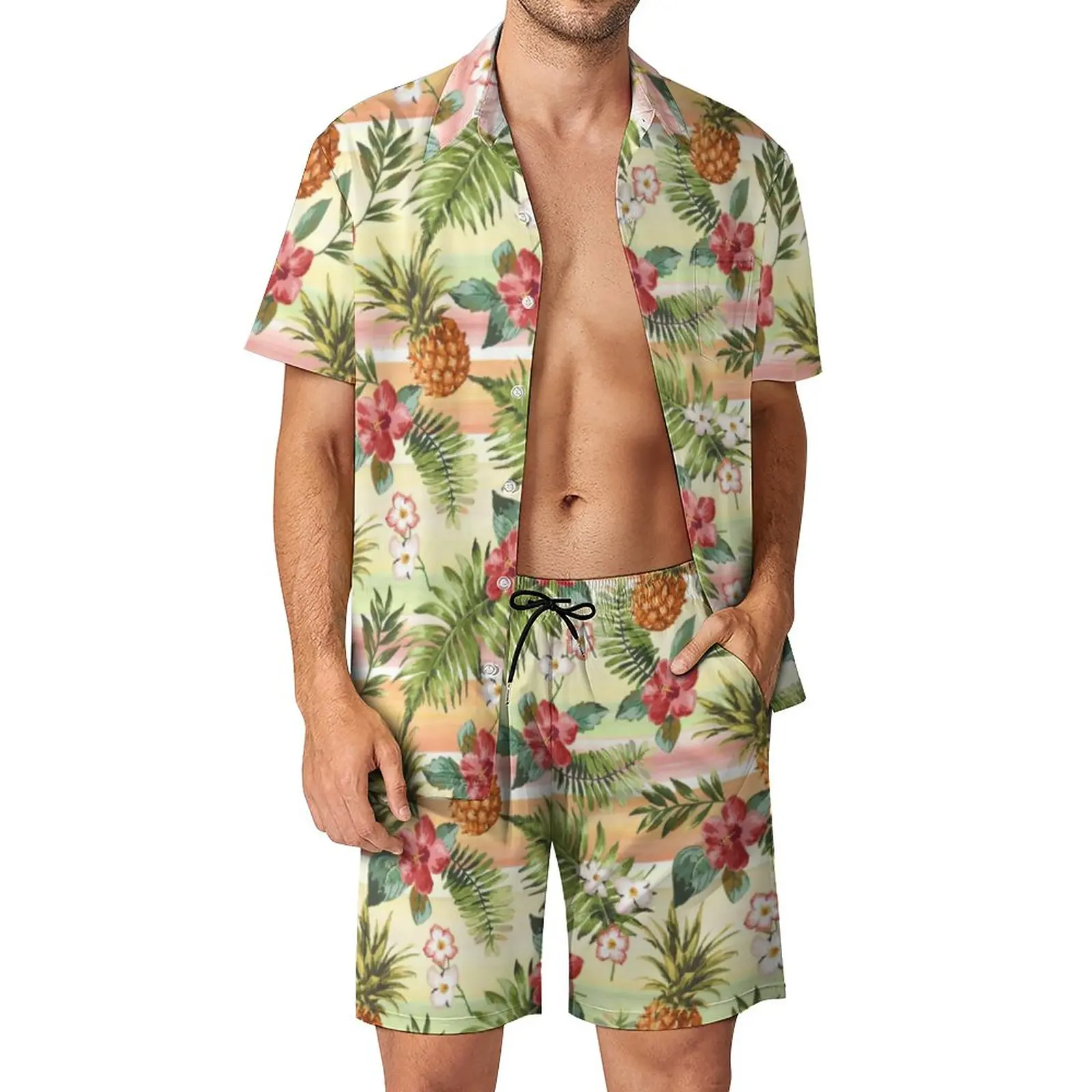 

Tropical Fruit Print Men Sets Pineapple Floral Stripes Casual Shirt Set Hawaiian Fitness Outdoor Shorts Suit Two-piece Clothing