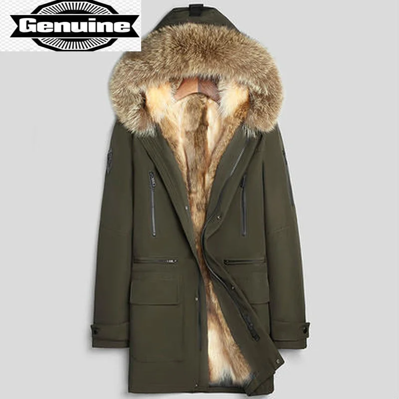 

Мужская длинная куртка с капюшоном, серо-зеленая парка из натурального меха енота и кролика Рекс, с рукавом 2023, для зимы, 100%, LXR337