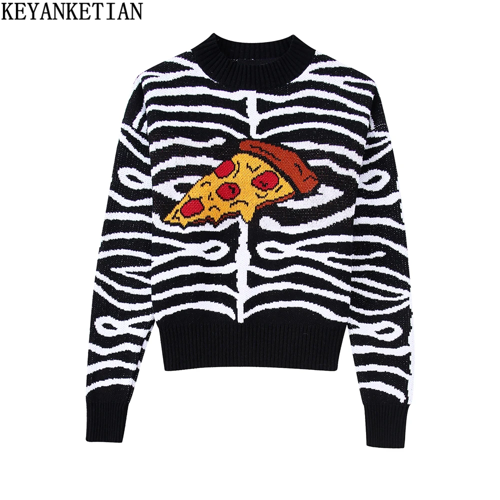 KEYANKETIAN women's Jacquard pizza print zebra sweater autumn/winter new girly style quirky cute knit jumper jacket 
KEYANKETIAN women's Jacquard pizza print zebra sweater autumn/winter new girly style quirky cute knit jumper jacket
