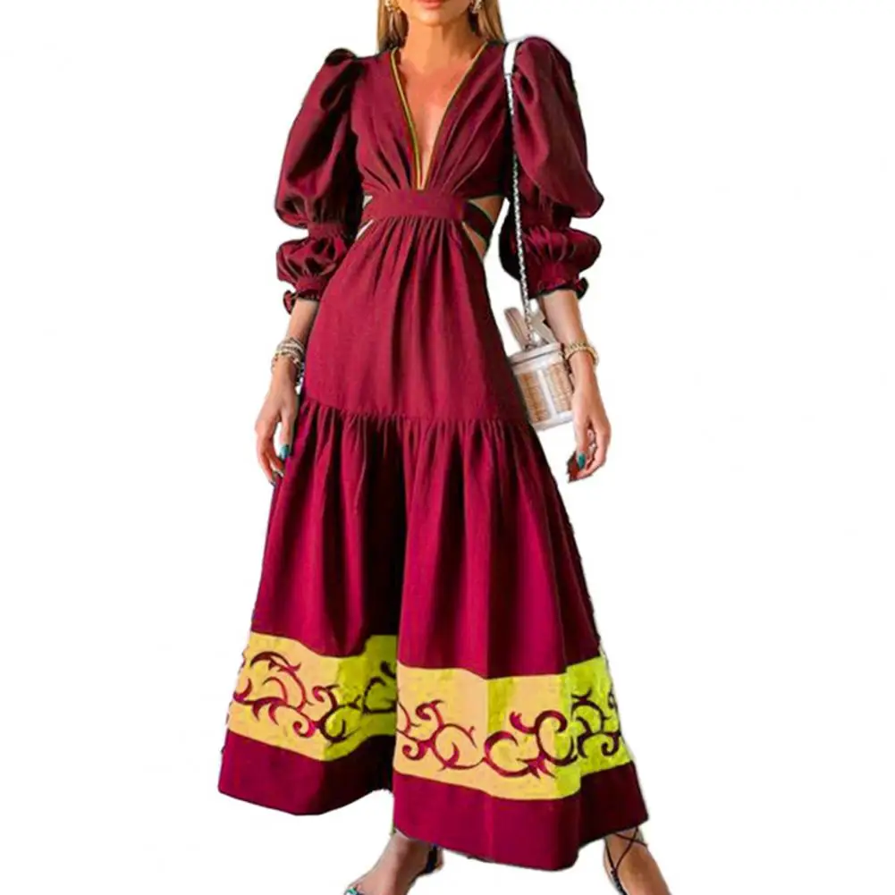 Deep V-neck 3/4 Lantern Sleeve Patchwork Color Waist Hollow Autumn Dress High-Waist Vintage Print Stitching Large Hem Maxi Dress
Deep V-neck 3/4 Lantern Sleeve Patchwork Color Waist Hollow Autumn Dress High-Waist Vintage Print Stitching Large Hem Maxi Dress