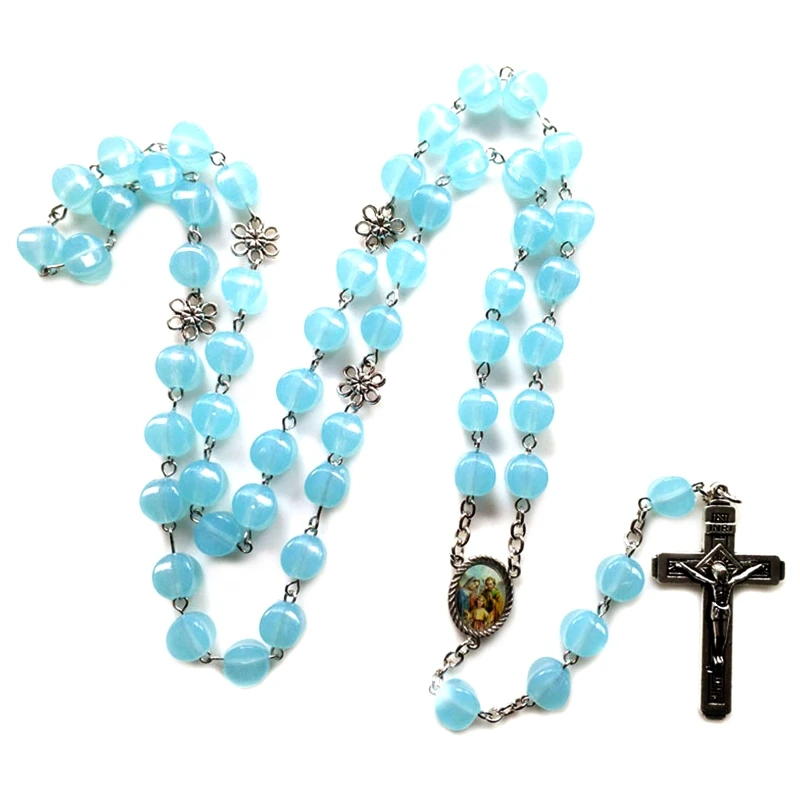 

10mm Rosary Beads Luminous Necklace with Jesus Crucifix Cross Pendant Necklaces Glow in Dark Religious Jewelry for Men Women