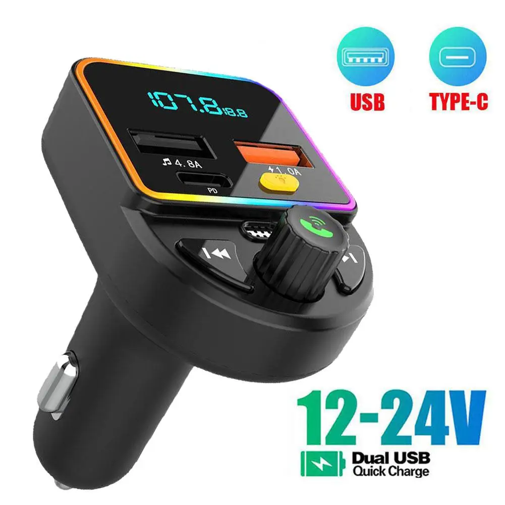 

1pc Car Bluetooth 5.0 FM Transmitter PD Type-C Dual 4.8A Player Modulator Fast Light Handsfree Ambient MP3 Charger Colorful U2K2