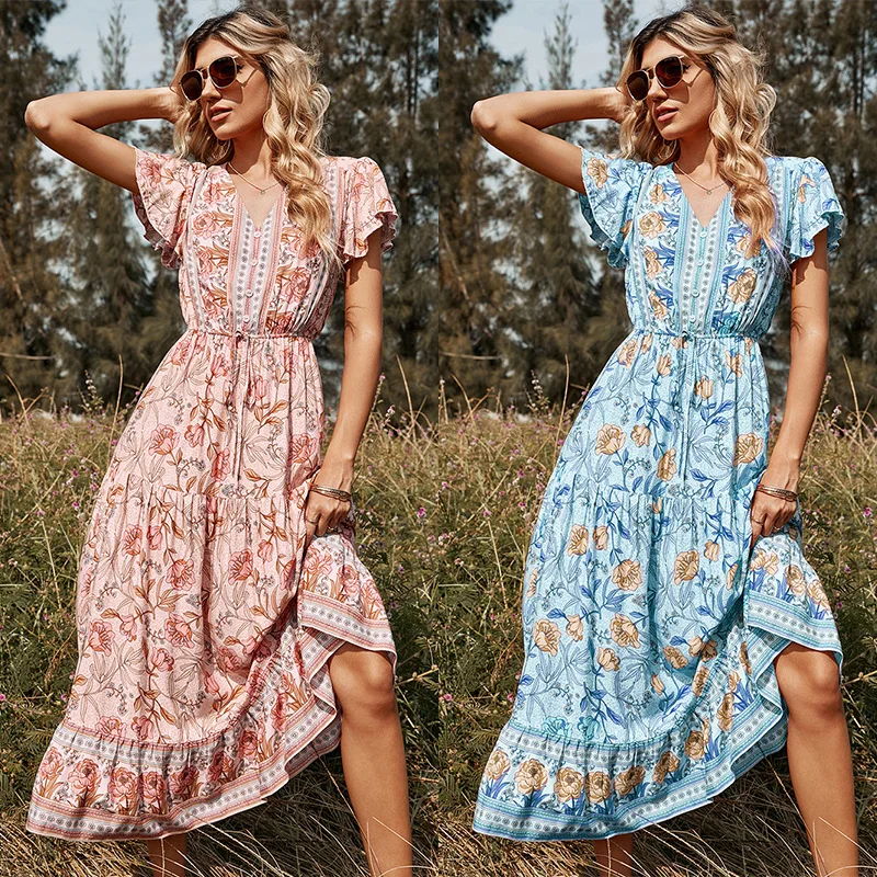 Bohemia Floral Print Ruffles Summer Dress For Women Casual V-neck Shirring Button Midi Dress Female Vintage Holiday Party Dress
Bohemia Floral Print Ruffles Summer Dress For Women Casual V-neck Shirring Button Midi Dress Female Vintage Holiday Party Dress