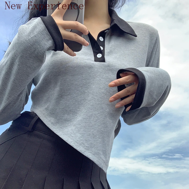 

Свободная и нестандартная корейская модная футболка с отложным воротником, Женская Осенняя Базовая хлопковая уличная одежда с длинными рукавами для дам