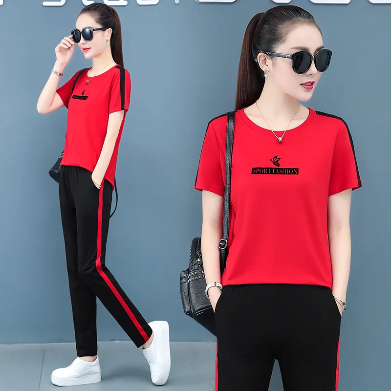 

DHfinery Summer Two Piece Women's Casual Short Sleeve T-Shirt and Pants Red Pink Sapphire Blue Sportswear Plus Size M-4XL bs7715