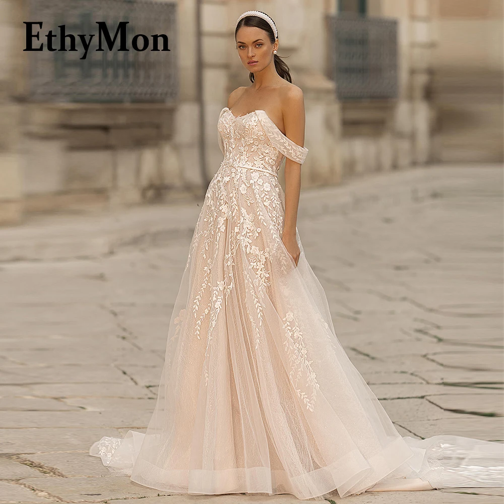 

Ethymon Modern Strapless Backless Lace Up Wedding Dresses For Bride Off The Shoulder Tulle Custom Made Vestidos De Novia Pleat