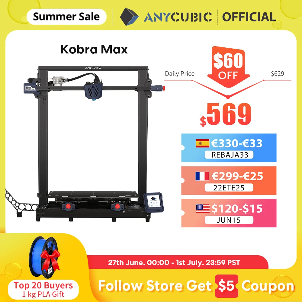 Новинка 3D принтер ANYCUBIC KOBRA MAX огромный размер печати FDM s двойная Вертикальная ось