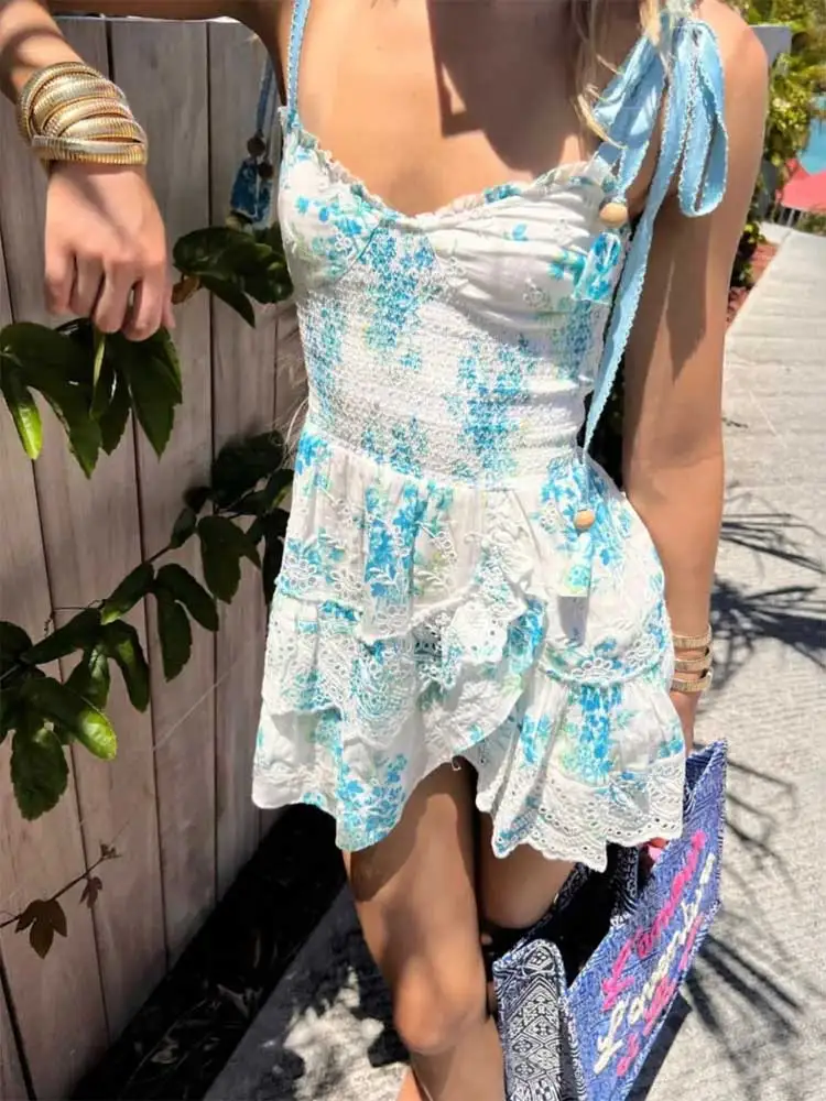 

Superchic blue floral straps smocked bodice mini party dress women bow tied shoulder embroidery ladies summer party dress
