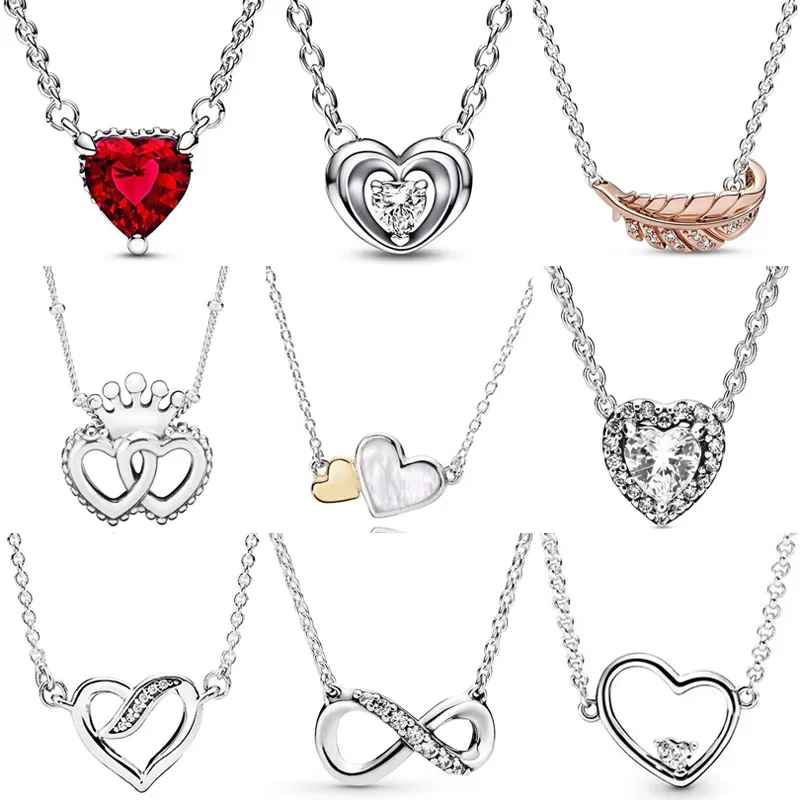 

Sparkling Heart Halo & Floating Stone Curved Feather Infinity Collier Necklace For Fashion 925 Sterling Silver Charm Diy