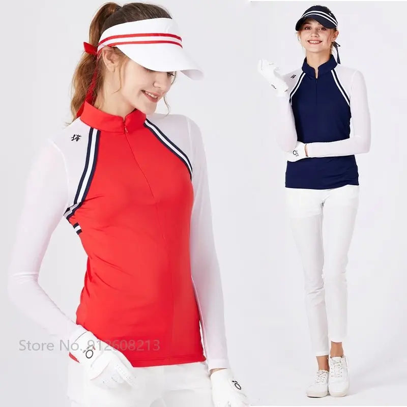 

SWAN LOVE GOLF Ladies Ice Silk Long Sleeve Shirt Female Sunscreen Golf T Shirt Slim Pantchwork Cooling Tops Zip Collar Apparel