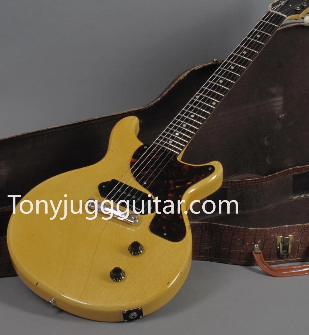 

1959 Junior DC TV Yellow Relic Electric Guitar One Piece Mahogany Body & Neck, P-90 Dog Ear Pickup, Wine Red Pearloid Pickguard