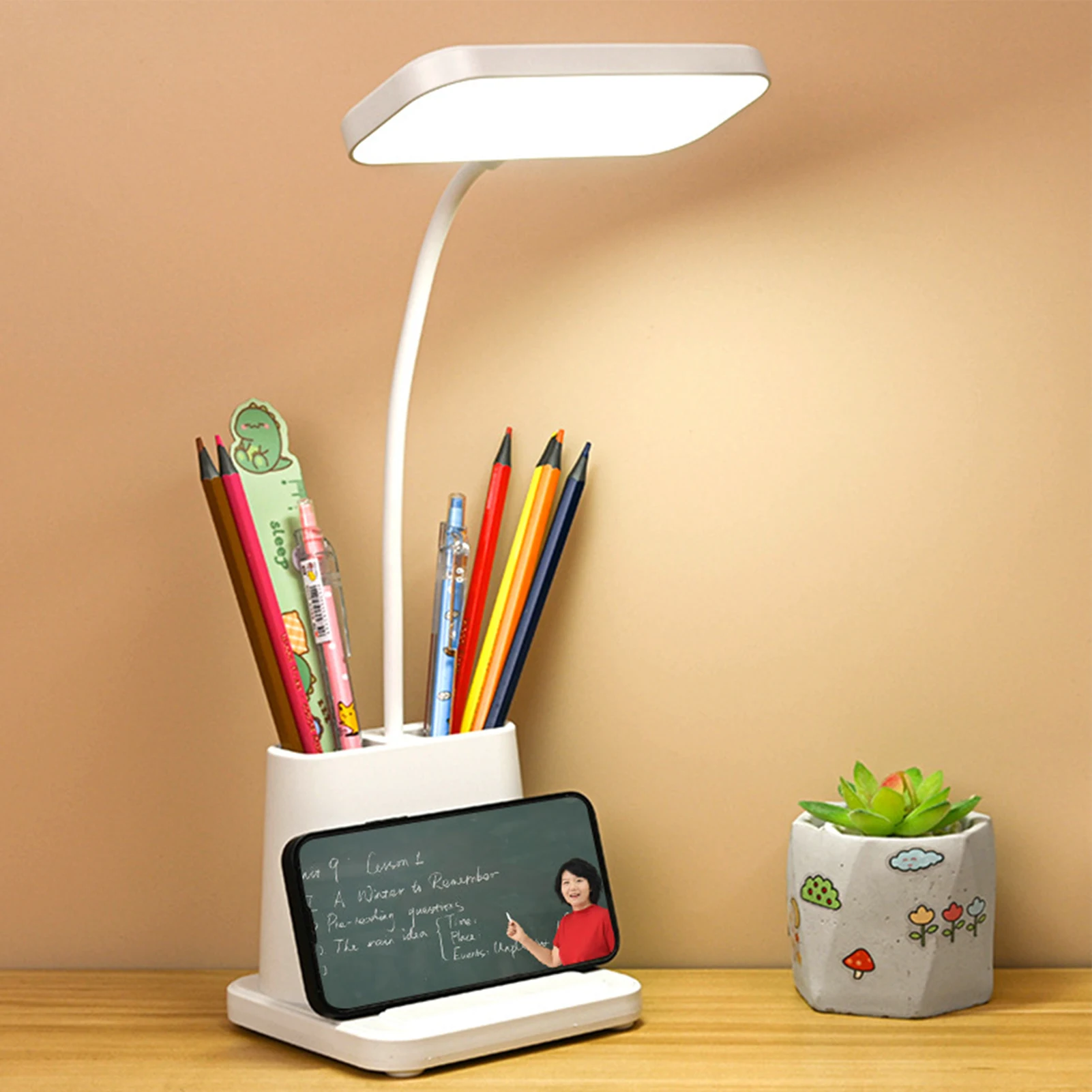 

Portable Adjustable LED Desk Lamp Sustainable Dimmable Brightness USB Charging Home Studying Bedroom Phone Pen Holder