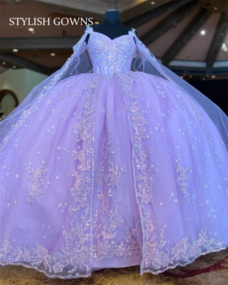 

Cinderella Lavender Sweetheart Ball Gown Quinceanera Dresses With Cape Sparkly Appliques Birthday Party Dress Beaded Vestido De
