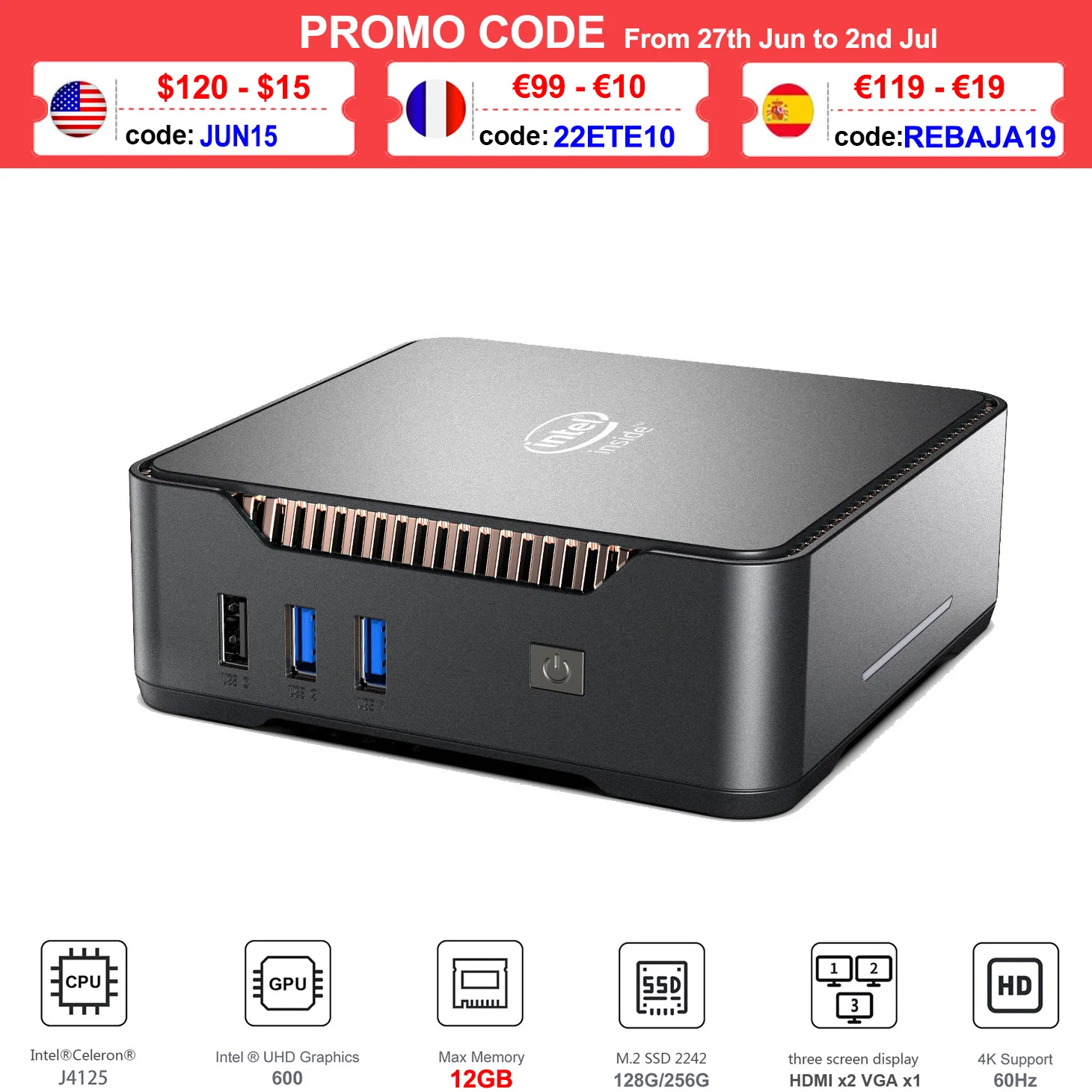 WooYi GK3V мини-ПК игровой Intel Celeron N5105/J4125 8 Гб DDR4 128 ГБ/256 Windows 11 Pro лицензированный HDMI VGA