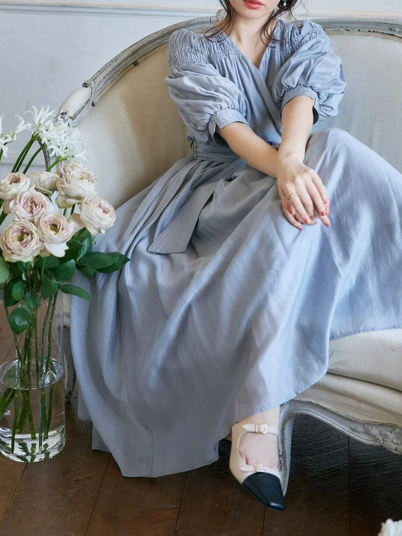 CINESSD V Neck Elastic Shoulder Lantern Sleeve Femme Robe Summer New Vestidos Cross Slim Waist Pleated Solid Dresses with Belt
CINESSD V Neck Elastic Shoulder Lantern Sleeve Femme Robe Summer New Vestidos Cross Slim Waist Pleated Solid Dresses with Belt