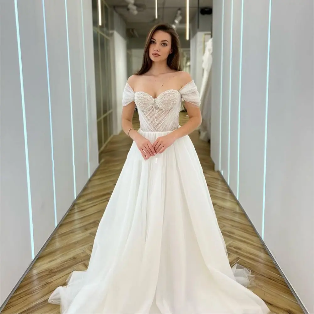 Glitter Pleats Wedding Dresses Shiny Off Shoulder Elegant Bridal Gowns Cusom Made Robe De Mariee White Charming Lace Up Back
Glitter Pleats Wedding Dresses Shiny Off Shoulder Elegant Bridal Gowns Cusom Made Robe De Mariee White Charming Lace Up Back