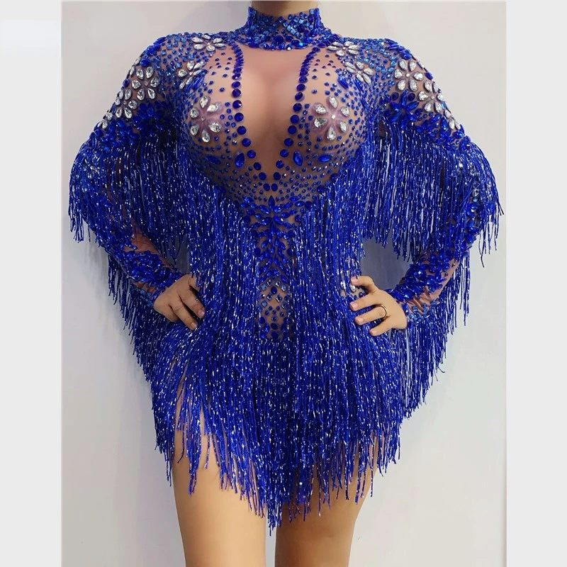 Blue Silver Rhinestones Transparent Fringe Bodysuit Birthday Celebrate Long Sleeves Dance Women Singer Outfit shenlan
Blue Silver Rhinestones Transparent Fringe Bodysuit Birthday Celebrate Long Sleeves Dance Women Singer Outfit shenlan