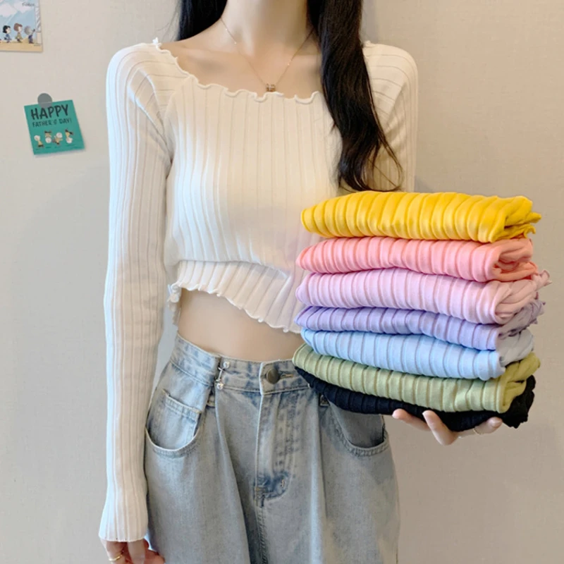 2022 Spring Women Cute Cropped Tops Sexy Squre Collar Ribbed Long Sleeve Tops Ruff Edge Casual Streetwear Girls Tops
2022 Spring Women Cute Cropped Tops Sexy Squre Collar Ribbed Long Sleeve Tops Ruff Edge Casual Streetwear Girls Tops