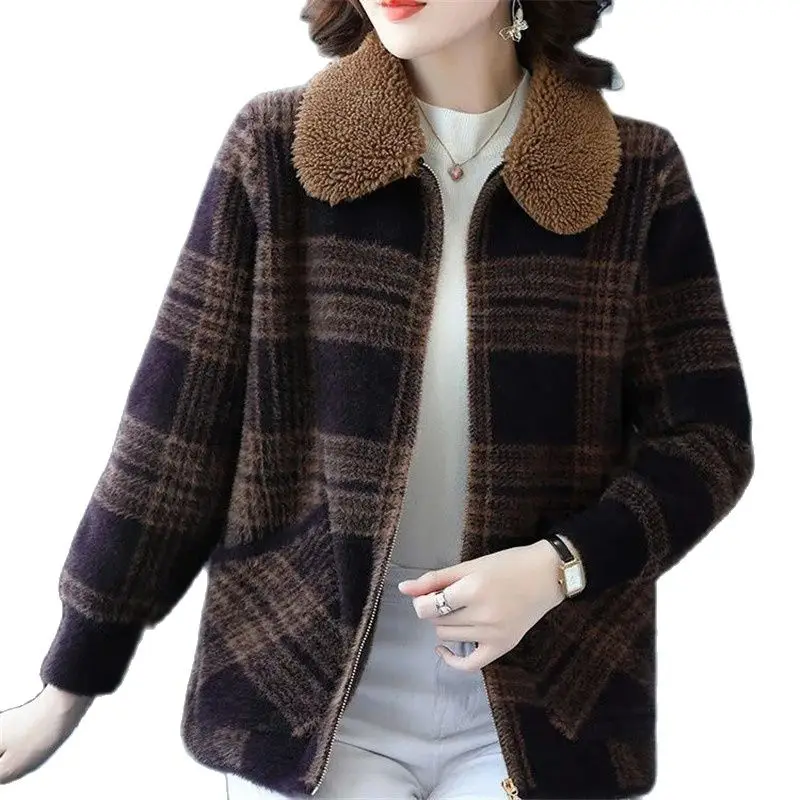 

Middle-Aged Mother Spring Autumn Imitation Mink Velvet Add Thick Women's Coat Fashion Lattice Woolen Jacket loose Female Top
