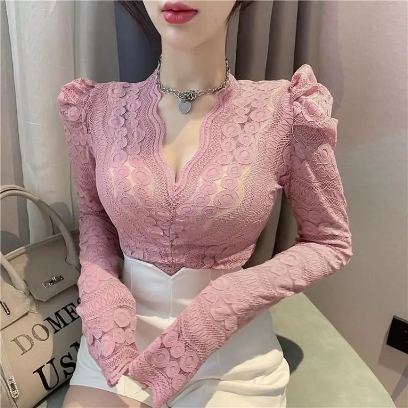 

Блузка женская кружевная, элегантный приталенный силуэт, однотонная Модная элегантная винтажная шикарная с длинным рукавом, на осень, J167