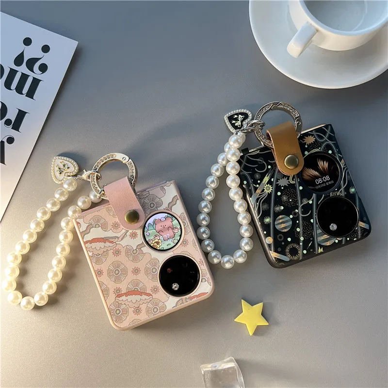 

For Huawei P50 Pocket Case Vast Black Shell Pearl Love Pendant Portable Cover for P50Pocket Huawei Funda Para Ins Cute Etui