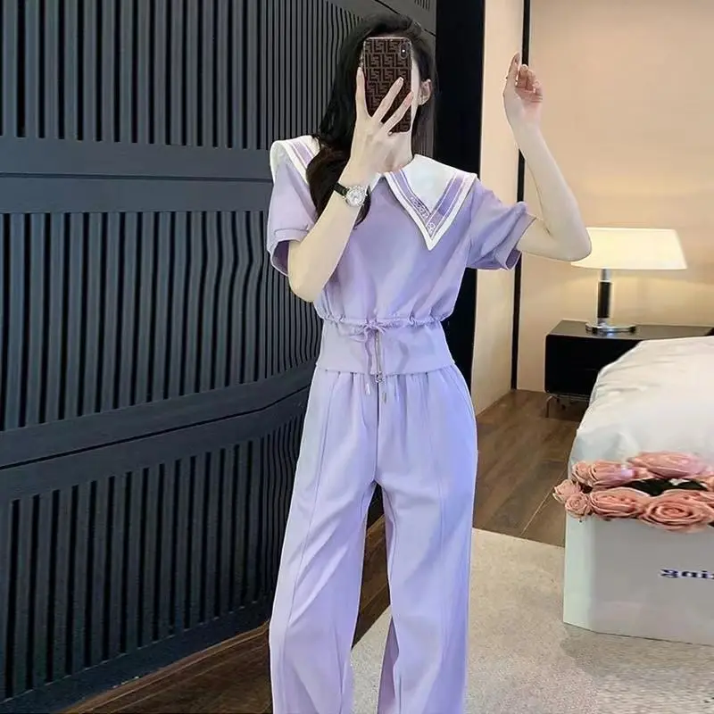 Summer Two Piece Set Women 2023 Sailor Collar Shirring Short Sleeves Elastic Waist Wide Leg Pants Casual Japanese Style Outfit
Summer Two Piece Set Women 2023 Sailor Collar Shirring Short Sleeves Elastic Waist Wide Leg Pants Casual Japanese Style Outfit