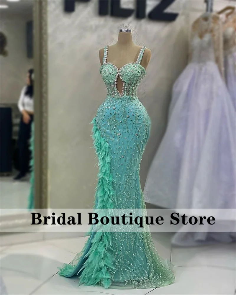 Sparkly Crystals Mermaid Evening Dresses Straps Glitter Beads Crystals Feathers Luxury Wedding Party Prom Gowns Robe De Soirée
Sparkly Crystals Mermaid Evening Dresses Straps Glitter Beads Crystals Feathers Luxury Wedding Party Prom Gowns Robe De Soirée