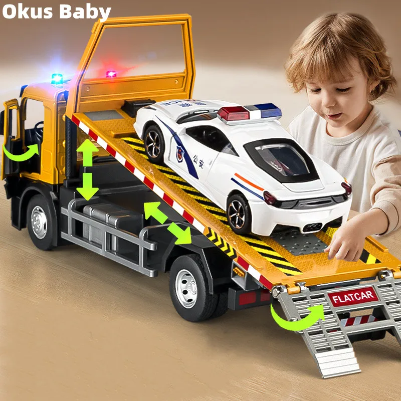

1:24 Alloy Traffic Road Rescue Car Model Diecast Metal Engineering Trailer Truck Wrecker Car Model Sound and Light Kids Toy Gift