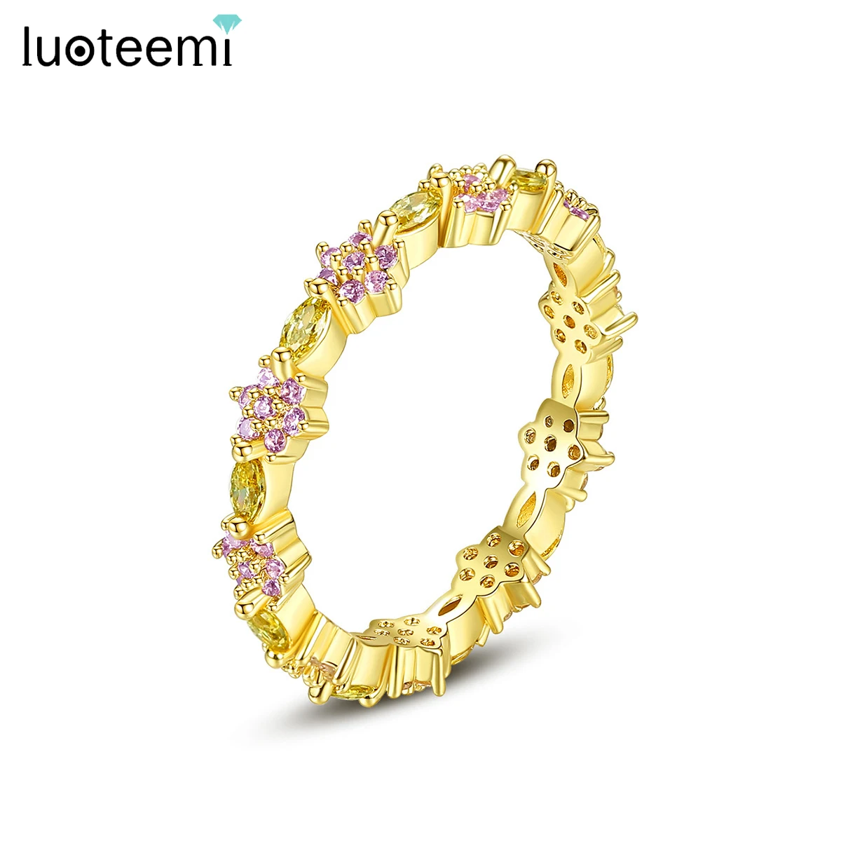 

LUOTEEMI Flower Couples Ring for Women Pink Cubic Zirconia Adjustable Fidget Rings Anel Masculino Friends Gifts Wholesale Items