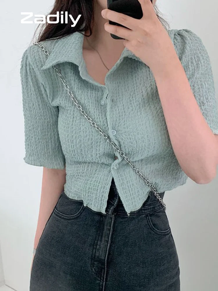 Summer Sweet Slim Short Sleeve Women Short Shirt Korean Style Solid Button Up Ladies Crop Tops Club Female Clothing
Summer Sweet Slim Short Sleeve Women Short Shirt Korean Style Solid Button Up Ladies Crop Tops Club Female Clothing