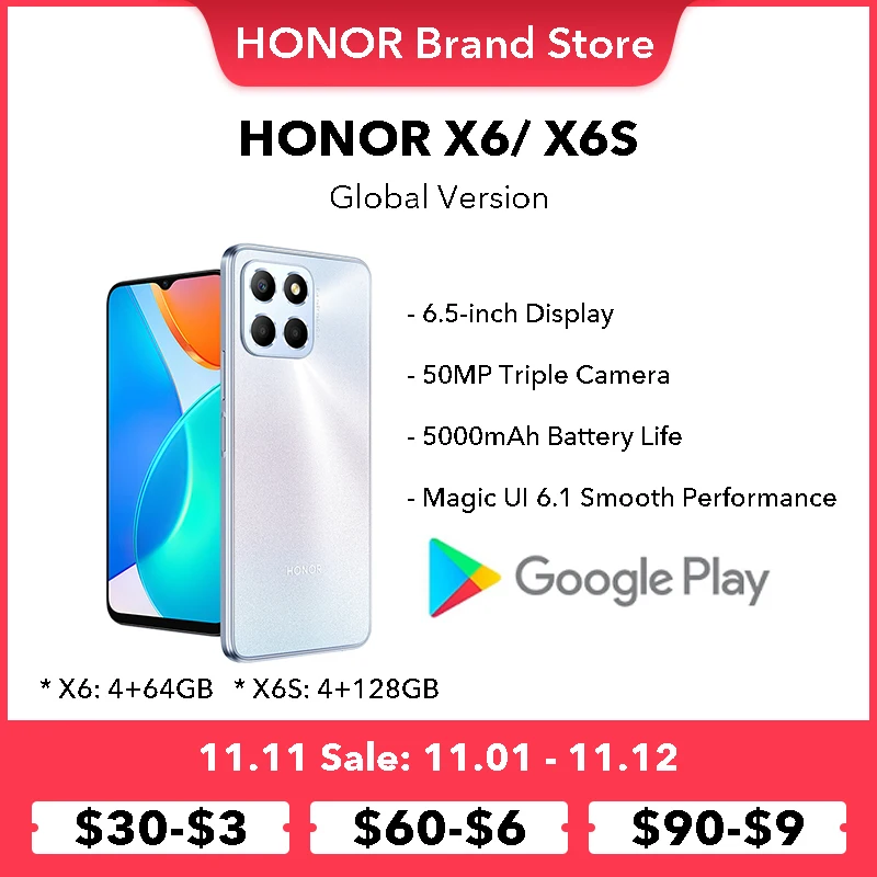 Global Version HONOR X6 X6S Smartphone 6.5 Inches Display 5000mAh Large Battery 50MP Triple Camera Supercharging Cellphone
Global Version HONOR X6 X6S Smartphone 6.5 Inches Display 5000mAh Large Battery 50MP Triple Camera Supercharging Cellphone