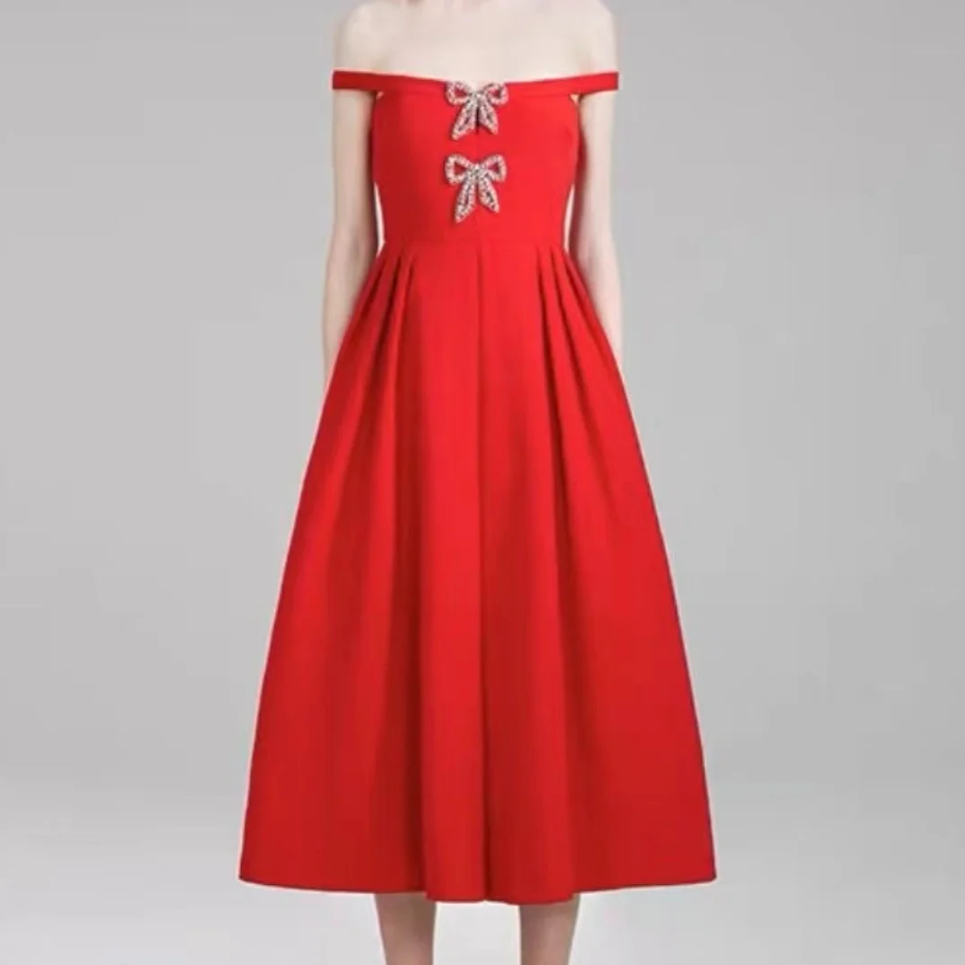 Latest 2023 Top Quality Summer Solid Red Elegant Off The Shoulder Crystal Bow Elegant Party Midi Dress for Women 
Latest 2023 Top Quality Summer Solid Red Elegant Off The Shoulder Crystal Bow Elegant Party Midi Dress for Women