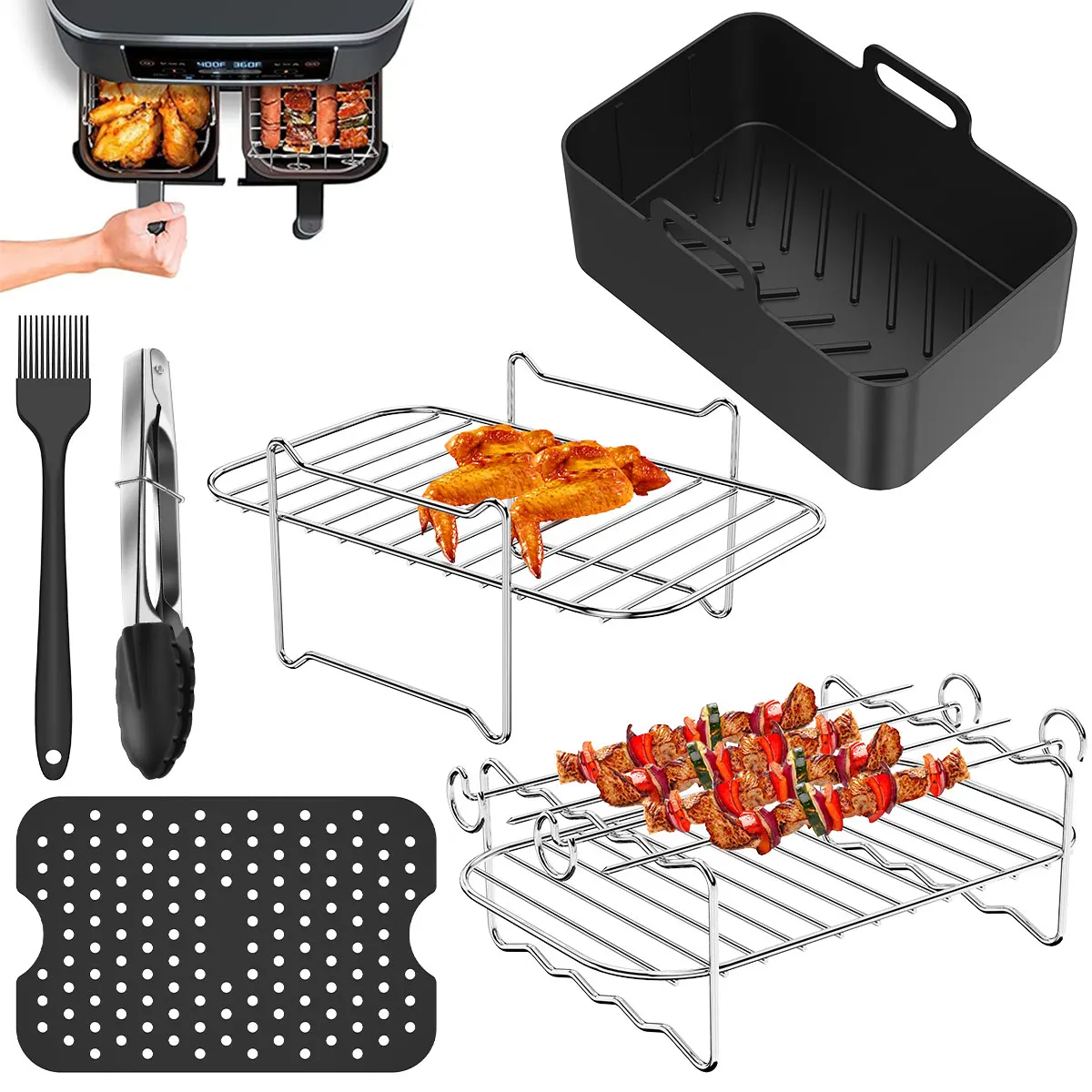 6Pcs Air Fryer Accessories Set with Air Fryer Silicone Pot Stainless Steel Air Fryer Rack with Skewers Silicone Brush Clip
6Pcs Air Fryer Accessories Set with Air Fryer Silicone Pot Stainless Steel Air Fryer Rack with Skewers Silicone Brush Clip