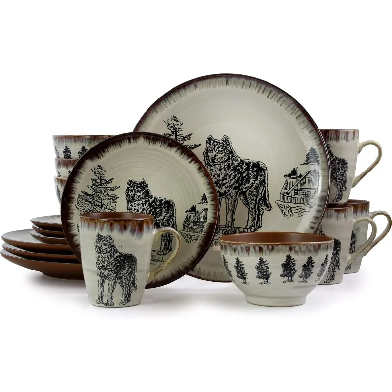 

Elama Round Stoneware Cabin Dinnerware Dish Set 16 Piece Wolf Design with Warm Taupe and Brown Accents