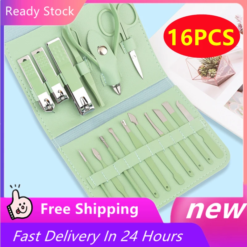 

Newest 16PCS Manicure Cutters Nail Clipper Set Fold Bag Household Ear Spoon Nail Clippers Pedicure Nail Scissors Suit Tool