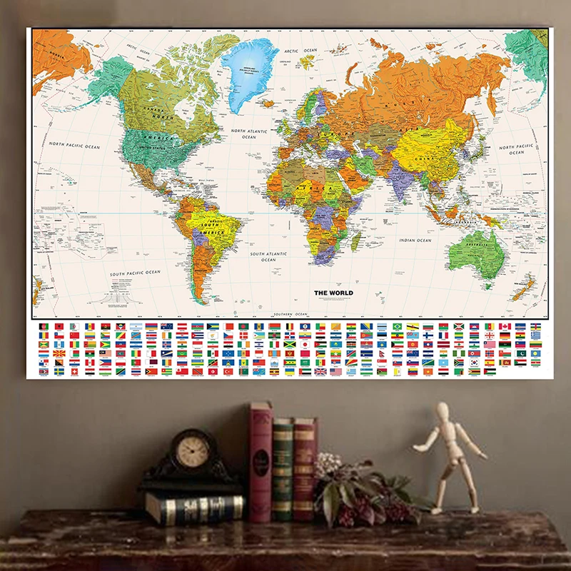 

Vintage World Map with National Flags Personalized Atlas Poster Canvas Painting World Globe Map 100*70cm School Supplies