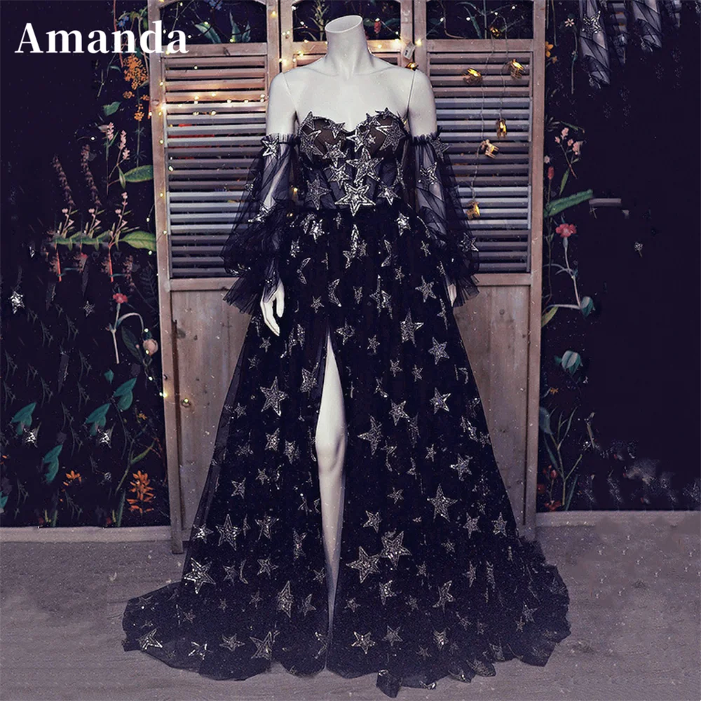 Amanda Puffy Sleeve A-line Prom Dress Sexy Side Split فستان حفلات الزفاف Mysterious Shiny Star Black Vestidos De Festa
Amanda Puffy Sleeve A-line Prom Dress Sexy Side Split فستان حفلات الزفاف Mysterious Shiny Star Black Vestidos De Festa