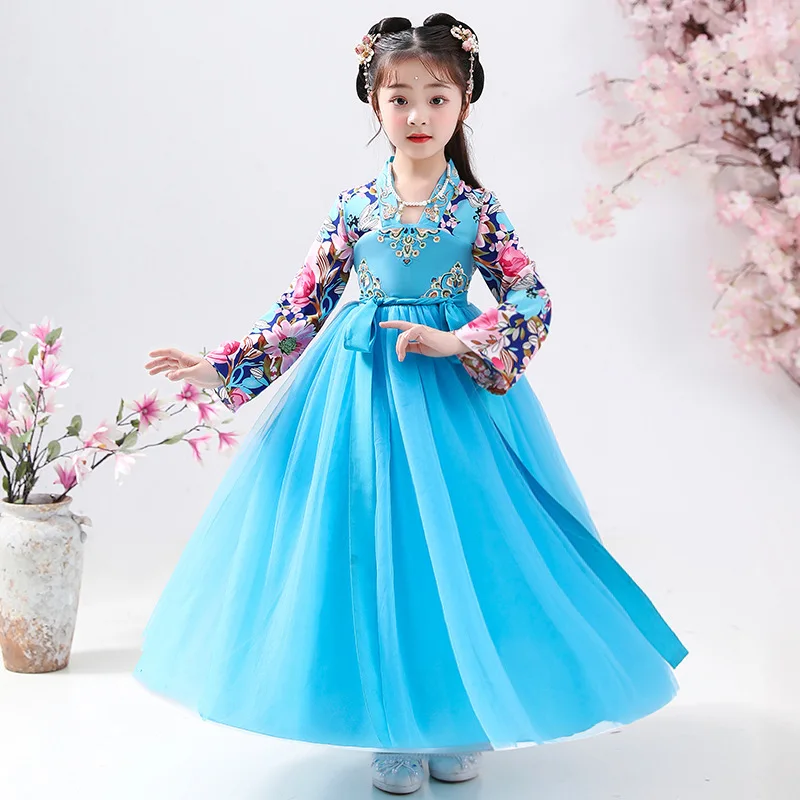 Summer Children Hanfu Spring Long Sleeve Printing Dress Blue Vintage Tang Style Chinese Bohemian Dresses Gauze Prom Gown Elbise 
Summer Children Hanfu Spring Long Sleeve Printing Dress Blue Vintage Tang Style Chinese Bohemian Dresses Gauze Prom Gown Elbise